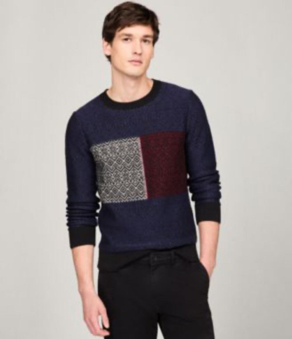 Tommy Hilfiger Sweater Mens L Blue Cotton Knit Fair Isle Flag Crewneck Casual